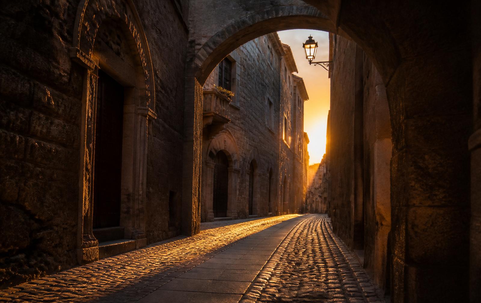 Vicolo del centro storico di Viterbo al tramonto: pietra di peperino, arco medievale e luce dorata sui sampietrini